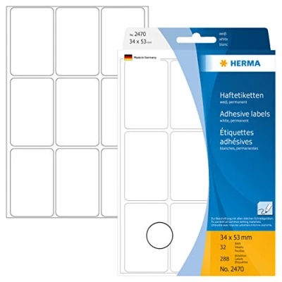 Abbildung von HERMA 2470 Vielzweck Etiketten, 288 Stück, 34 x 53 mm, 9 pro Bogen, selbstklebend, Haushaltsetiketten zum Beschriften, matt, blanko Papier Klebeetiketten Aufkleber, weiß