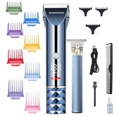 Abbildung von Barberboss Haarschneidemaschine, Bart und Haarschneider Set für Herren, T Klingen Trimmer aus Keramik Titan, 8 farbige Kammaufsätze, kabellos mit USB Aufladung, QR 2681