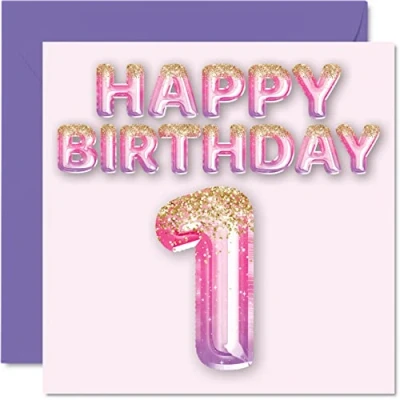 Abbildung von Stuff4 Geburtstagskarte zum 1. Geburtstag für Mädchen rosa und lila Glitzerballons Happy Karten 1 Jahr altes Tochter Schwester Enkelin Cousin 145 mm One First Bday Grußkarten Geschenk