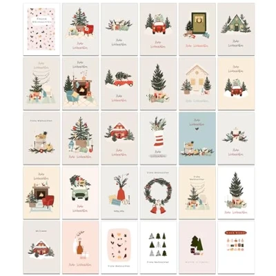 Abbildung von Weihnachtskarten mit Umschlag Set 30 verschiedene Designs Boho Klappkarten Weihnachtsgrußkarten