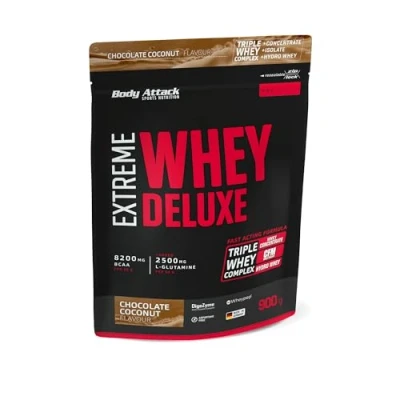 Abbildung von Body Attack Extreme Whey Deluxe Chocolate Coconut Cream, 900g Made in Germany Eiweißpulver mit Aminosäuren, Triple Complex, CFM Isolate, perfekt lösliches Protein Pulver, fettarm, zuckerarm
