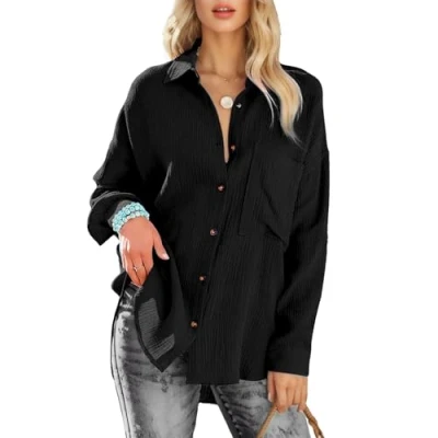 Abbildung von TAN.TOMI Bluse Damen Lässiges Elegant V Ausschnitt Hemd Bluse,Casual Business Oberteile mit Knöpfen Tops Langarmshirt(Schwarz)