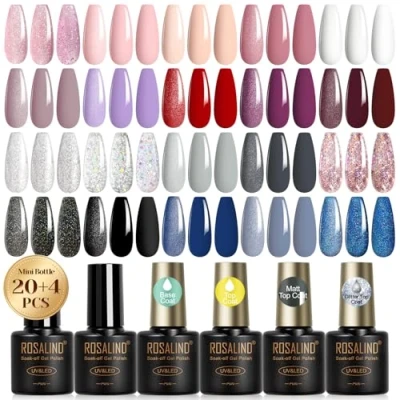 Abbildung von ROSALIND UV Nagellack Set, 20+4 Stück Gel mit Unterlack &amp; Überlack, Matt Glitzer Mini Farbgel für Gelnägel Lila Rot Grau Schwarz Blau Shellac Nagel Design