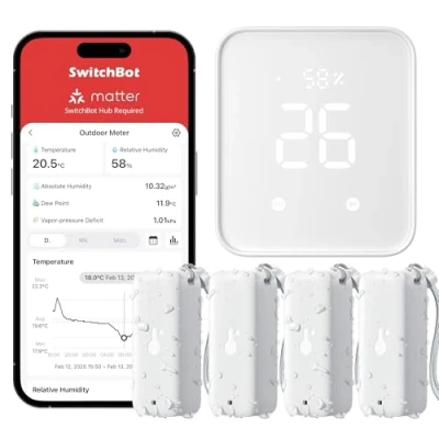 Abbildung von SwitchBot WLAN Thermometer Hygrometer Innen und Außen 4 Pack mit Hub 2, IP65 Wasserdichter Temperatur Feuchtigkeitssensor App Benachrichtigung kostenlose Datenspeicherung