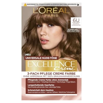 Abbildung von L&#039;Oréal Paris Permanente Haarfarbe für jeden Hautton, Coloration ohne Ammoniak, Universale Nude Töne mit vollständiger Grauhaarabdeckung, Excellence Creme, Nr. 6U Dunkelblond (Blond), 1 Stück