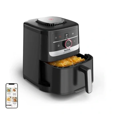 Abbildung von Tefal Easy Fry Smart &amp; Silence Heißluftfritteuse, extrem leise, Assist System, von 40C bis zu 220C, 5 Liter, Antihaftbeschichtung, für 55 Lebensmitteln, Schwarz/Edelstahl, EY5728E0