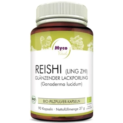Abbildung von MycoVital Bio Reishi Pilzpulver Kapseln 93 Stück je 400 mg aus deutschem Anbau 100% Vegan &amp; Ohne Zusätze