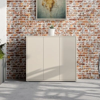 Abbildung von Forte Alice Springs Schuhschrank 100 110, moderner Flurschrank mit 3 Türen und 8 Einlegeböden, Holzwerkstoff, Kaschmir/Beige, 109,2 cm breit x 99,1 hoch 34,9 tief