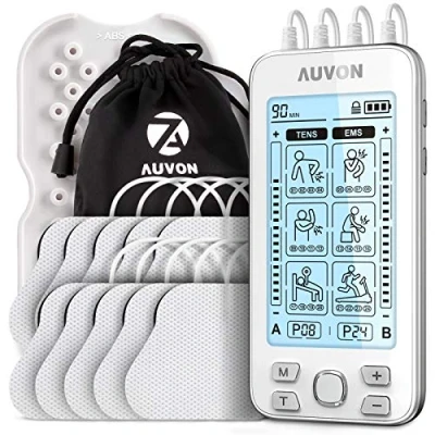Abbildung von AUVON 4 Kanäle TENS Gerät EMS Trainingsgerät für Schmerzlinderung Therapie mit 24 Modi Elektro Massagegerät, 10 Stücke 2&quot;x 2&quot; Premium Elektroden Pads patentiertem Design (weiß)