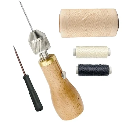 Abbildung von Professional Speedy Stitcher N?hen Awl Hand Repair Tool Kit f¨¹r Leder und schwere Stoffe, inkl. 2 N?hnadeln Leinenzwirn + 260M 150D 0.8MM Flat Faden gewachst(Beige)