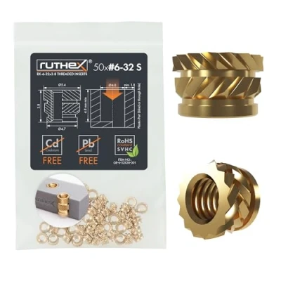 Abbildung von ruthex Gewindeeinsatz #6 32 UNC SHORT 50 Stk. RX 6 32x3.8 BLEIFREIE Gewindebuchse aus Messing stabile Einpressmutter zum Einschmelzen einer Gewindehülse in 3D Druck Teile Kunststoff