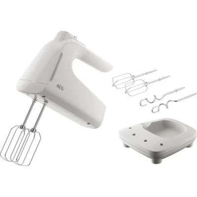 Abbildung von AEG Handmixer / 5 Geschwindigkeitsstufen Turbo Funktion für Höchstleistung Auswurftaste 2 Rührbesen Knethaken Zubehörstation spülmaschinenfest 500 Watt 1,2 m Kabel weiß AHM4W