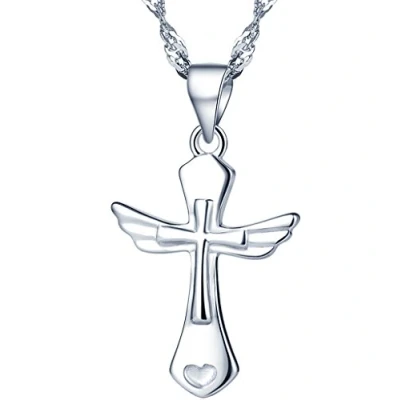 Abbildung von Yumilok 925 Sterling Silber Einzigartig Kreuz Engelsflügel Herz Anhänger Halskette Kette mit für Damen Mädchen