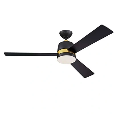 Abbildung von 73039 Tristan, moderner 132 cm DV/Beleuchtung und Fernbedienung von Westinghouse Lighting, Mattschwarz, goldfarbene Akzente/Lampenschirm aus Opalmilchglas Deckenventilator