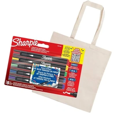 Abbildung von SHARPIE Creative Marker Acryl Farbstifte Wasserbasierte Farbmarker mit Rundspitze Schulsachen 5 Stück + Baumwolltasche