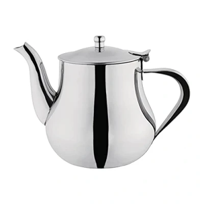 Abbildung von Olympia Edelstahl Teekanne 1 Liter/35 oz, Silber, Hochglanzpolitur, Arabian Style Teekanne, hitzebeständiger Griff, Scharnierdeckel, tropffreier Ausguss Kommerzielles Café oder Heimgebrauch, M982