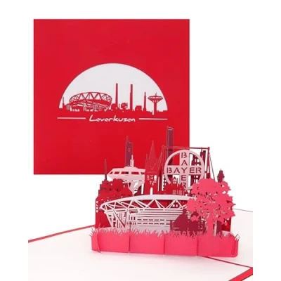Abbildung von Pop Up Karte „Leverkusen Skyline mit Stadion“ 3D Grußkarte als Postkarte, Souvenir, Gutschein &amp; Fanartikel Umschlag