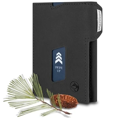 Abbildung von Wolfstrøm Slim Wallet mit Münzfach &#039;Ludvig&#039; I 7+1 Karten Mini Geldbörse Herren klein, RFID Blocker Damen Portemonnaie klein Credit Card Holder Geldbeutel Vintage Black