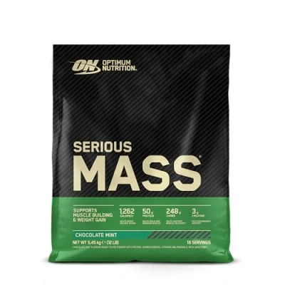 Abbildung von Optimum Nutrition Serious Mass hochkalorisches Proteinpulver für Masseaufbau mit 25 Vitaminen und Mineralien, Kreatin Glutamin, Schoko Minz Geschmack, 16 Portionen, 5,45 kg