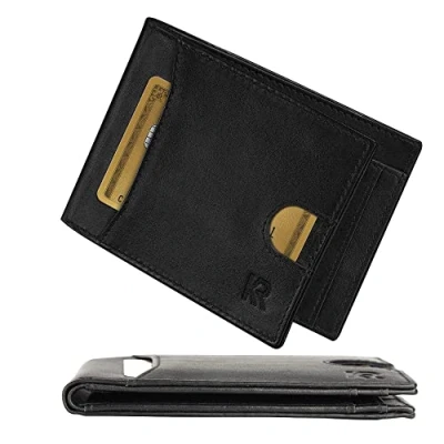 Abbildung von KRONIFY Leder Geldbörse Herren Echtleder Geldbeute, Slim Wallet mit Münzfach RFID Schutz, Portemonnaie fur Karten &amp; Munzen, 9 Kartenfächer für Männer Brieftasche Portmonee（Kein Clip,Schwarz）