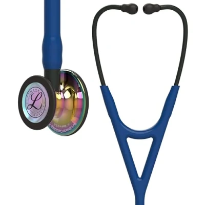 Abbildung von 3M Littmann Cardiology IV Stethoskop für die Diagnose, hochglänzendes, regenbogenfarbenes Bruststück, marineblauer Schlauch, Schlauchanschluss und Ohrbügel in Schwarz, 69 cm, 6242
