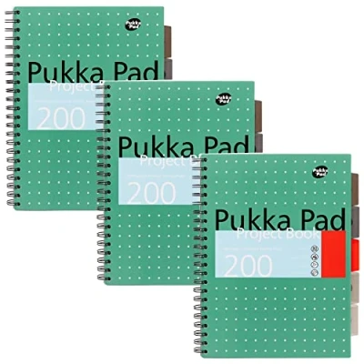 Abbildung von Pukka Pad, 5 Fächer A4+ Projekt notizbuch im 3er Pack mit verstellbaren Trennblätter 200 Seiten aus 80gsm Papier 8 mm Liniert und perforierten Kanten Metallic Grün 29,7 x 23 cm