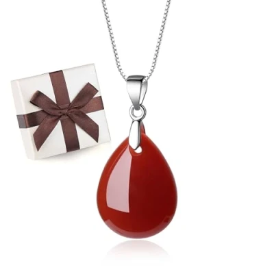 Abbildung von COAI Geschenkideen 925 Sterling Silber Halskette aus Achat Rot Träne der Engel und Wassertropfen Anhänger für Damen Mädchen