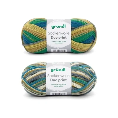 Abbildung von Gründl Sockenwolle Duo Strickset aus 2 x 100 g Sockengarn (75% Schurwolle (superwash), 25% Polyamid) + Anleitung, olive blau