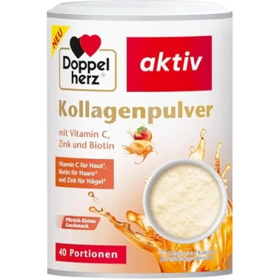 Abbildung von Doppelherz Kollagenpulver mit Vitamin C, Zink und Biotin, 5000 mg Kollagenhydrolysat je 7,5 g Pulver, 40 Portionen, Pfirsich Eistee Gechmack, 300