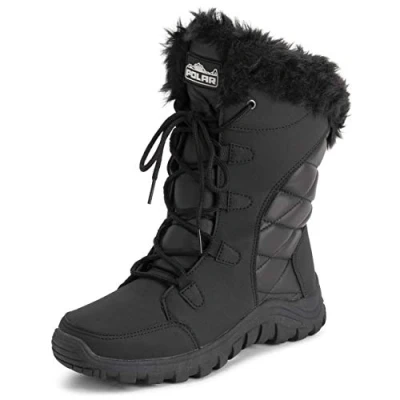 Abbildung von Polar Damen Quilted Kunstpelz Cuff Winter Duck Gummisohle Dauerhaft Schnee Regen Draussen Stiefels Schwarz Leder UK6/EU39 YC0654