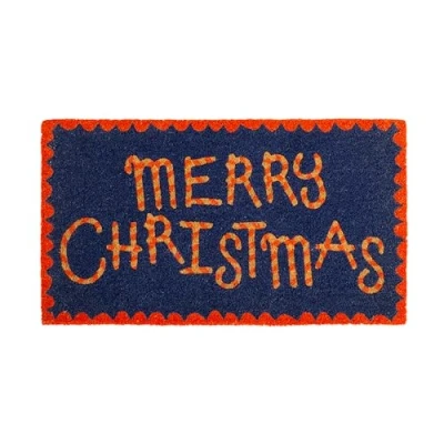 Abbildung von Fisura Fußmatte für den Hauseingang „Merry Christmas“ aus Kokosfaser mit Rutschfester PVC Unterseite. Weihnachts in Blau und Rot. Originelle Außen Fußmatte. Handbemalt. Maße: 70 cm x 40