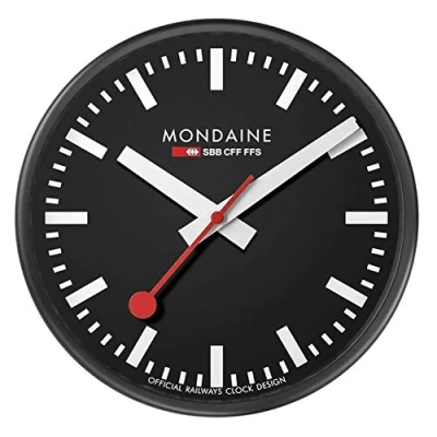 Abbildung von Mondaine Wanduhr A990.Clock.64SBB 25cm Bahnhofsuhr in Schwarz aus Aluminium mit rotem Sekundenzeiger staubbeständig Hergestellt der Schweiz