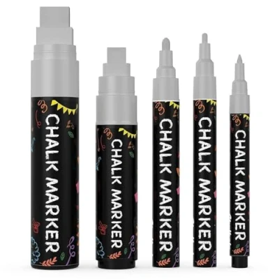 Abbildung von Chalkola Kreidestifte Silber 5 Kreide Markers Multipack 1mm, 3mm, 6mm, 10mm, 15mm Spitze. für Fenster, Tafel, Glas und mehr. Ideal Erwachsene, Künstler, Lehrer Kinder.