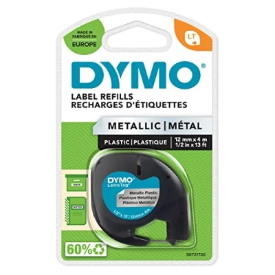 Abbildung von DYMO Original LetraTag Metallic Etikettenband schwarz auf Silber 12 mm x 4 m selbstklebendes Etiketten für Beschriftungsgerät