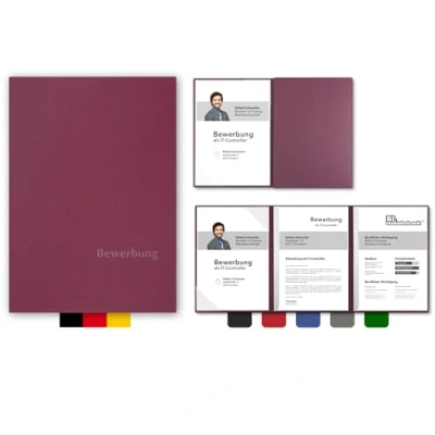 Abbildung von 5 Stück 3 teilige Bewerbungsmappen BL exclusivdruck® OPTIMA plus in Bordeaux Premium Qualität mit edler Relief Prägung &#039;Bewerbung&#039; Produkt Design von &#039;Mario Lemani&#039;