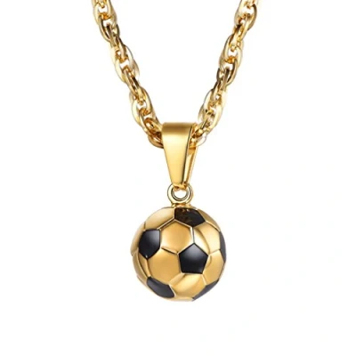 Abbildung von PROSTEEL 3D Fußball Design Anhänger Halskette 18k vergoldet Ball Form Kettenanhänger mit 55+5cm Weizenkette Fußballfans Modeschmuck Accessoire für Männer Frauen