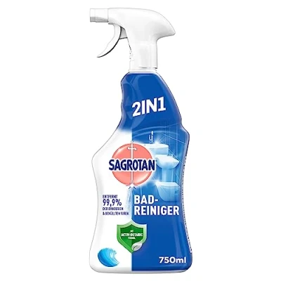 Abbildung von Sagrotan Bad Reiniger Ozeanfrische 2in1 Desinfektionsreiniger mit Antischmutzfilm für zuverlässige Hygiene im Badezimmer 1 x 750 ml Sprühflasche(Das Produktdesign kann abweichen.)