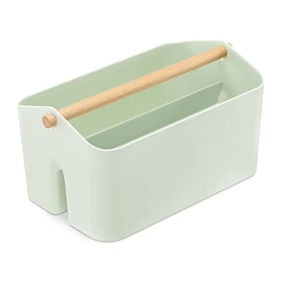 Abbildung von Navaris Aufbewahrungsbox mit Holzgriff 2 Fächer Box Organizer in Bad Küche Korb Aufbewahrung für Besteck Putzmittel tragbar klein mintgrün