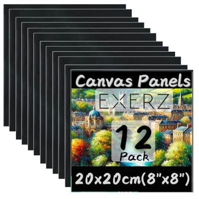 Abbildung von Exerz Schwarze Leinwand 20x20cm, 12er Set Malkarton, Künstler Leinwände aus 100% Baumwolle, 280 g/m², 0,3cm Dick, Blanko, Dreifach Grundiert, Säurefrei, Mittlere Körnung