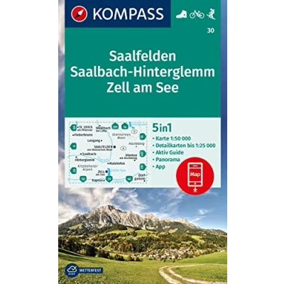 Abbildung von KOMPASS Wanderkarte 30 Saalfelden, Saalbach Hinterglemm, Zell am See 1:50.000: 5in1 mit Panorama, Aktiv Guide und Detailkarten inklusive ... in der App. Fahrradfahren. Skitouren.