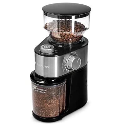 Abbildung von Navaris Elektrische Kaffeemühle mit Edelstahl Scheibenmahlwerk 200W für bis zu 14 Tassen Kaffee 18 Mahlgrade Mühle Metallic Silber