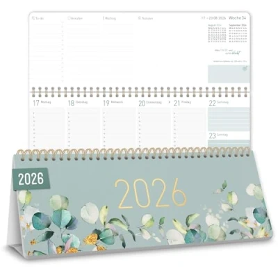 Abbildung von Häfft® Wochen Tischkalender 2026 quer zum Aufstellen, 1 Woche 2 Seiten, Schreibtisch Kalender mit Aufsteller &quot;Minty Leaves&quot; 29,7 x 11,6 cm nachhaltig &amp; klimafreundlich