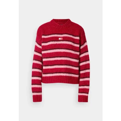 Abbildung von Tommy Jeans Badge Stripe Fluffy Sweater Strickpullover, Damen, Größe: XS, Ruby rhubarb