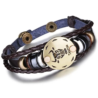 Abbildung von Unendlich U Punk Modisch 12 Sternbilder Sternzeichen Herren Damen Charm Armband Geflochten Leder Legierung Multilayer Braun Armreifen, Stier(Taurus)