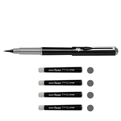 Abbildung von Pentel GFKPN Pocket Brush Pinselstift, Pigmenttinte für Kalligraphie, Skizzieren, Zeichnungen, Grau + 4 Patronen