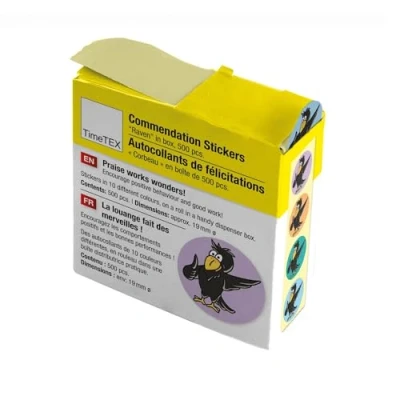Abbildung von TimeTEX Belobigungs Aufkleber &quot;Rabe&quot; Lehrersticker für motivierendes Feedback 500 Sticker in praktischer Spender Box 1 Motiv mit verschiedenfarbigen Hintergründen 19 mm ø