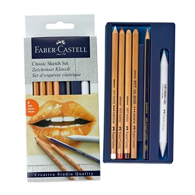 Abbildung von FABER CASTELL 114004 Classic Sketch Set, 6 teilig, mit 1 Bleistift, Pitt Oil Base, 3 Pastellstifte, Papierwischer