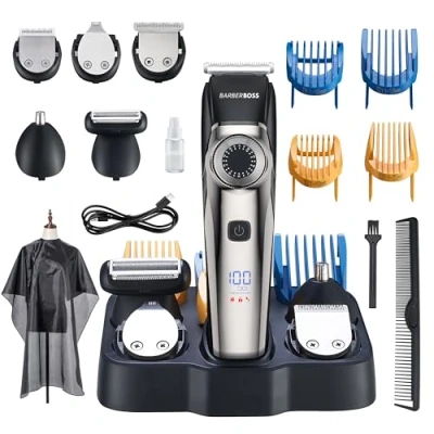 Abbildung von BarberBoss Haarschneider Bartschneider für Männer, Nasenhaartrimmer, 39 Schnittlängen, Kammaufsätze, Präzisionswahlrad, Keramikklinge, Wasserdichtes Design, LED Anzeige, QR 6083