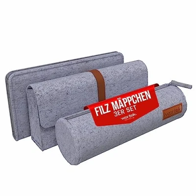 Abbildung von wortek Filz Federmäppchen grau 3er Set Federtasche Federmappe Mäppchen Etui Stifte Schlamppermäppchen Pencil case Mädchen Jungen Erwachsene Federpenal Schulmäppchen Stifteetui