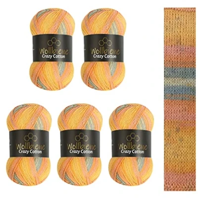 Abbildung von 5 x 100g Wollbiene Crazy Cotton Batik 500 Gramm mit Farbverlauf 55% Baumwolle mehrfarbig Multicolor Strickwolle Häkelwolle Wolle Ganzjahreswolle (5030 grau orange gelb)
